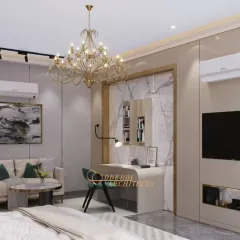 This master suite includes a TV unit, a study desk, and ample wardrobe space, all designed with a cohesive aesthetic of neutral tones and marble accents.