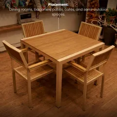 This wooden dining set is versatile enough for dining rooms, balconies, patios, and even cafes. The clean lines and natural wood-look finish make it a timeless choice for any semi-outdoor space.