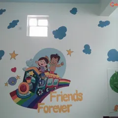 This hand-painted mural with a 'Friends Forever' theme is perfect for a young child's bedroom or a playschool. The bright colors and cheerful cartoon characters create a happy and welcoming atmosphere.