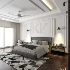 Your bedroom should be your personal sanctuary. In this modern classic master bedroom at Raheja Viverea, we blended a luxurious black and white palette with rich brown accents and herringbone flooring. The design features classic wall mouldings and a sleek, mirrored wardrobe to create a space that is both timeless and sophisticated.