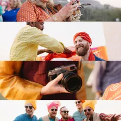 A collage of candid moments from a pre-wedding celebration. It captures guests taking selfies, the groom's turban tying, and the overall fun, festive atmosphere.