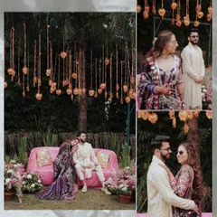 A collage from a Haldi ceremony, capturing candid moments of the couple laughing and interacting in their beautifully decorated outdoor venue.