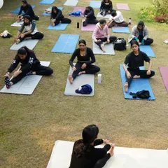 Leading a team through gentle stretches during an outdoor corporate yoga event. These movements are designed to release tension from the neck, shoulders, and back, which is perfect for anyone who spends their day at a desk.