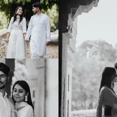 A series of black and white images that tell a story of quiet connection. From walking hand-in-hand to sharing a close moment, this collage showcases the gentle, romantic side of a pre-wedding session.