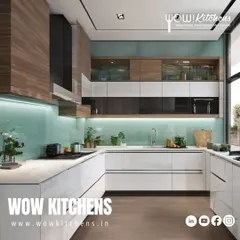 A beautiful U-shaped kitchen that masterfully blends textures. It features glossy white lower cabinets, wood-grain upper cabinets, and a refreshing light blue glass backsplash.