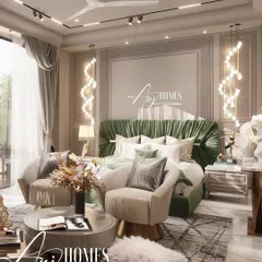 This master bedroom design combines a plush, channel-tufted green headboard with soft neutral wall mouldings and spiraling pendant lights. It’s a perfect example of our modern classic style, where we balance bold color and form with timeless architectural details to create a room that is both vibrant and elegant.