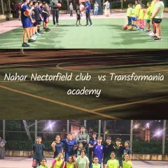 A collage from the inter-club basketball practice match between Nahar Nectorfield Club and Transformania Academy. The images show the teams in action and posing together, highlighting the competitive yet friendly spirit of the event.