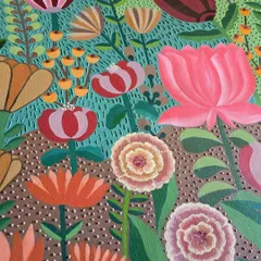 A glimpse of a commissioned floral painting in progress. This piece features a dense garden of stylized flowers in vibrant pinks, oranges, and greens, with a textured background of raised dots.