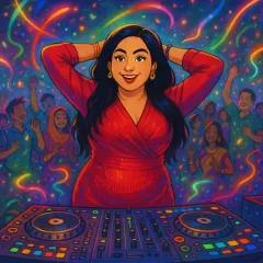 An artistic illustration that beautifully captures my essence as a DJ. It shows me at the console, surrounded by a dancing crowd, embodying my philosophy: do everything from the heart and be your own unique artist.