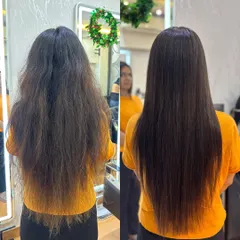 This back view shows the dramatic difference before and after a Hair Botox session. The initial frizz and dryness are replaced by a uniform, sleek texture from roots to ends.
