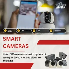 We offer a variety of smart camera models to fit your specific needs. This image displays our range, including indoor 360 degree cameras and outdoor bullet cameras, with options for WiFi or PoE connectivity.
