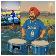 Art meets reality! On the left is me playing the dhol for the Delhi Capitals, and on the right is a cool Ghibli-style animation of the same moment. A fun tribute to my collaboration with the DC Toli.
