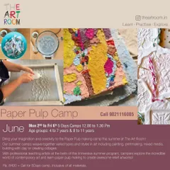 Details for our Paper Pulp Camp. This flyer explains how students will learn the process of making paper pulp and use it to create awesome 2D relief artworks.