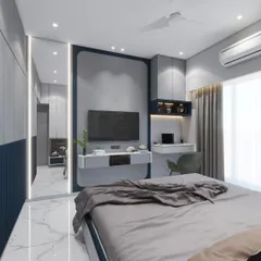 This render for a Malad East bedroom visualizes a multi-functional space with integrated storage, a TV unit, and a study desk. The blue and grey color scheme creates a modern and calming atmosphere.