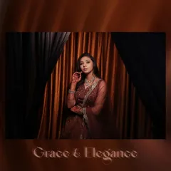 An elegant solo portrait of the bride at her reception, captioned "Grace & Elegance."