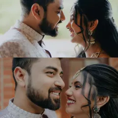 A collage of close-up, happy moments from an engagement shoot. These candid shots capture the genuine smiles and laughter shared between the couple.