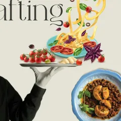 A graphic illustrating our brand ethos where creativity meets cuisine. The image of a white-gloved server presenting a platter of fresh ingredients symbolizes our commitment to crafting indulgent flavors and plated perfection.