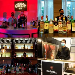 This collage demonstrates the variety of our bar setups, from the moody, red-lit 'The Garrison Bar' to clean, branded counters for 100 Pipers and displays for Jameson and Smirnoff.