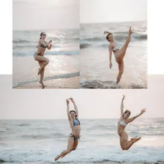 This set of images captures the playful and athletic side of a beach shoot. It's perfect for fitness or swimwear brands looking for dynamic content.