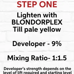 Step One for this creative color. We lighten with Blondorplex to a pale yellow, which is crucial for the true tone of the vivids to show.