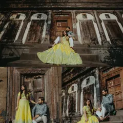 A collage showcasing a couple's portraits on the steps of a traditional wooden 'wada' in Nashik, capturing the grandeur and intricate details of the heritage building.