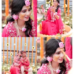 This collage captures the essence of a bride's Haldi. It shows her adorned with floral jewelry, the playful application of turmeric paste by loved ones, and the happy, glowing moments in between.
