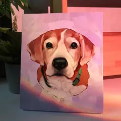 Here is another view of the finished acrylic portrait of Bruno. The light catching the canvas shows the texture and richness of the paint, giving the artwork a tangible, classic quality.