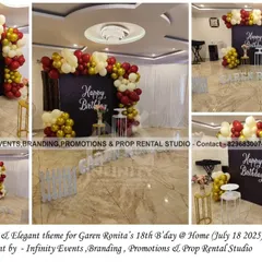 An elegant theme for Garen Ronita's 18th birthday at home. The setup includes a dark backdrop with a red, white, and gold balloon garland, creating a sophisticated and celebratory look.