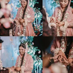 A collage capturing the key moments of a ring ceremony, from the exchange itself to the joyful smiles and showers of petals. This shows the complete story of the ritual.