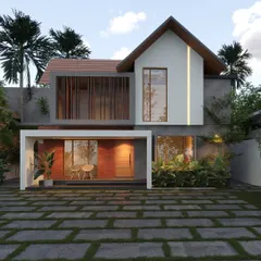 A play of volumes and materials, this home combines a white gabled structure with a concrete base and a warm brick-clad entryway.