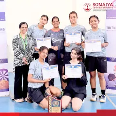 The victorious K. J. Somaiya Polytechnic College girls' badminton team after winning the IEDSSA Zonal Badminton Competition.