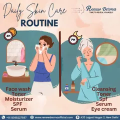 A simple visual guide to a good daily skincare routine for both morning and night. The AM routine focuses on protection with cleanser, moisturizer, and SPF, while the PM routine focuses on repair with serums and eye creams.
