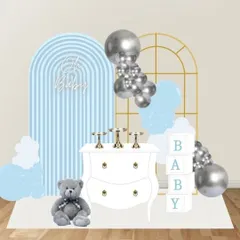 A mockup for an "Oh Baby" boy's baby shower, featuring a blue striped arch, silver balloons, a teddy bear, and baby blocks.