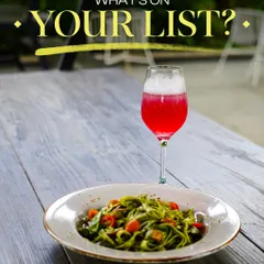 What's on your list today? A vibrant pesto pasta paired with a colorful, refreshing mocktail is always a good choice.