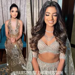 I designed this glamorous look for a reception party, featuring voluminous, soft curls and a sleek, high ponytail. This style is perfect for a modern bride who wants a chic and comfortable hairstyle for a long evening of celebrations.