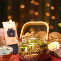 The warm glow of festive lights highlights the unique shape of the teapot terrarium. It's the centerpiece of my gift hamper, designed to bring lasting joy long after the celebrations are over.