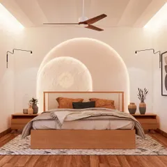 A serene and minimalist master bedroom design. The focal point is the textured headboard wall with layered circular shapes and soft backlighting, creating a calming and elegant atmosphere.
