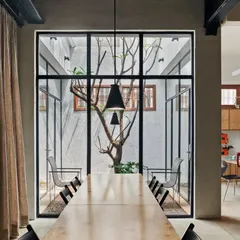 Our courtyard is a visual delight of sunlight and greenery. It also serves a practical purpose as the perfect spot for viewing material samples in natural daylight.