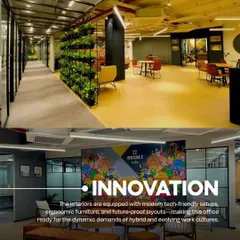 A composite image highlighting innovation at VentureX. The top shows a biophilic corridor and breakout space, while the bottom displays a lounge with vibrant wall art, reflecting a modern, tech-friendly, and dynamic work culture.