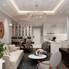 A wider view of the open-plan living and dining area, showing the cohesive design language across the space.