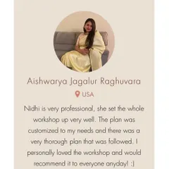 Aishwarya from the USA shares her experience with my customized breathwork workshop. I love creating thorough, professional plans to meet each student's unique needs.
