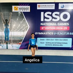 Here is Angelica, one of our dedicated U14 gymnasts, at the ISSO National Games. She performed beautifully and earned a 3rd place medal for her bars routine.