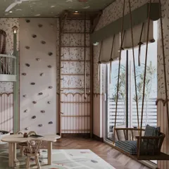 Natural light floods this corner of the playroom, illuminating the indoor swing and gymnastics ladder. I designed this area to encourage physical activity, balancing energetic elements with the room's overall soft and calming atmosphere.