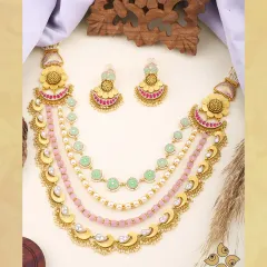 This multi-layered necklace set with pastel pink and green beads is a perfect example of my modern fusion designs. It's a statement piece that is both trendy and timeless, designed to attract a fashion-forward clientele.
