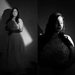 Elegance in monochrome. The play of light and shadow in these black and white portraits creates a timeless and artistic look, highlighting the bride's beautiful gown and serene expression.