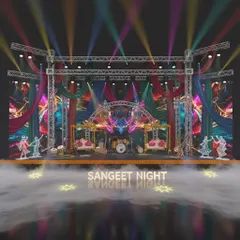 A colorful and traditional Sangeet night concept in 3D. This design incorporates vibrant drapes, swings for seating, and traditional motifs, blending modern stagecraft with cultural elements.