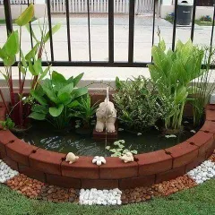 I can create beautiful water features for ground-level gardens too. This small, custom-built pond is bordered with brick and pebbles, featuring an elephant fountain and aquatic plants to create a lively natural ecosystem.