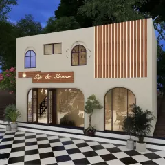The exterior facade design for the 'Sip & Savor' cafe in Haldwani. I used a modern aesthetic with clean lines, arched windows, and wood-like vertical louvers to create a welcoming and stylish storefront that stands out.