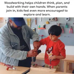 A father guides his son in a woodworking project, demonstrating the focus and confidence that hands-on learning builds. My Maker Space workshops are designed to empower children to think, plan, and create with their own hands, with parents joining in to encourage and learn alongside them.