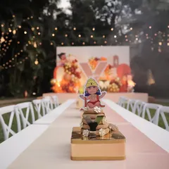 This long-table setup was part of the Bala Hanuman themed 4th birthday we planned for Yatharv Yash. The outdoor garden setting was decorated with beautiful string lights, and each place setting featured a custom centerpiece to match the delightful theme. Note: Media 9 is a duplicate of this image.